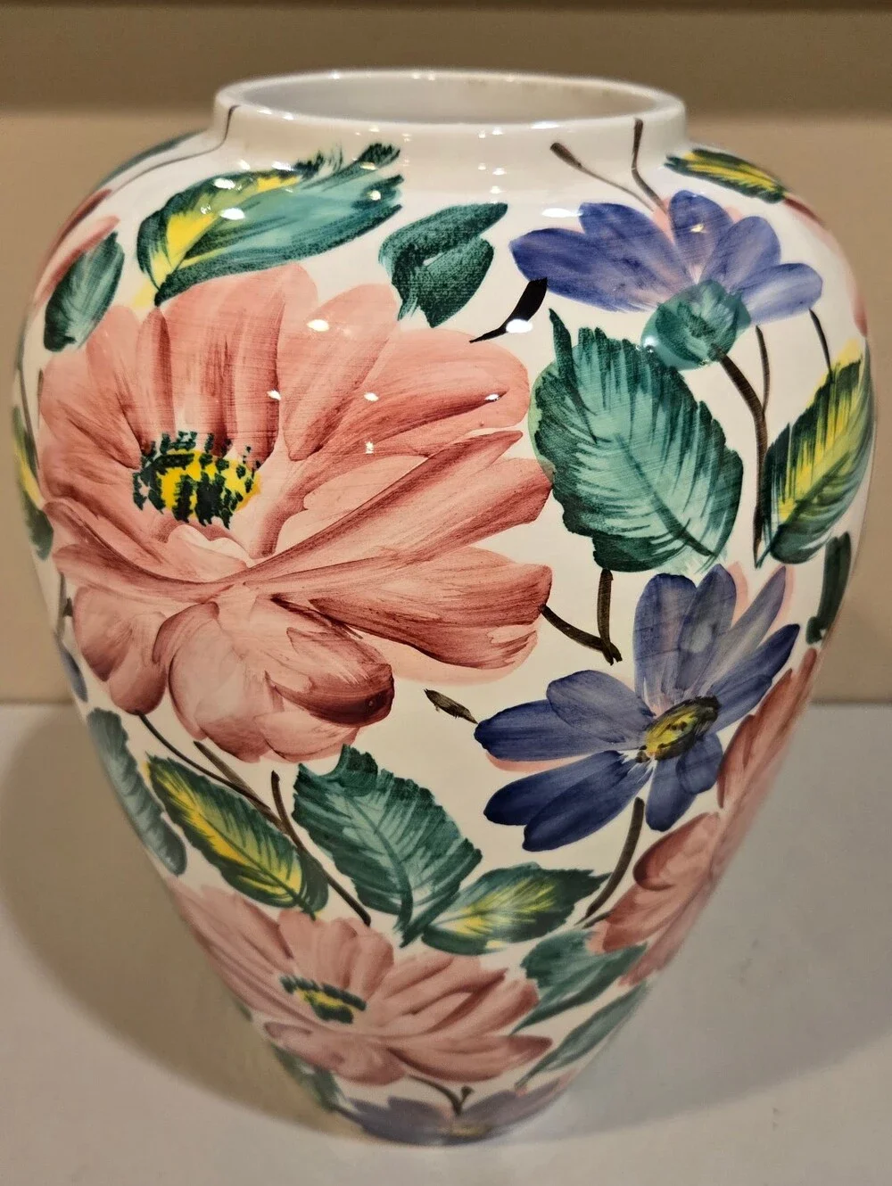 Hand-Painted Italian Floral Ceramic Vase in White, Pink, Blue & Green